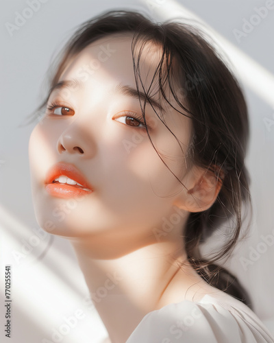 Portrait beautiful Asian girl nature light glowing perfect skin and sun lighting reflect