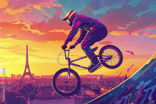Olympic Games in Paris, BMX freestyle athlete practicing tricks and Eiffel Tower in the background, Colorful digital artwork. generative ai photo