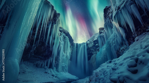 A glimpse of a frozen waterfall suspended in time and surrounded by layers of delicate icicles framed by the vibrant colors of the . .