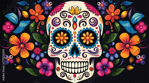 Mexican sugar skull with colorful floral ornament D