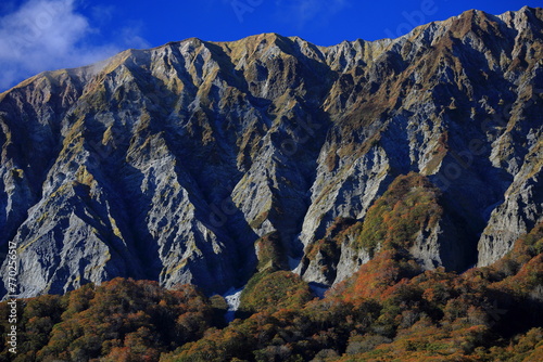 大山「南壁」それは尾根づたいの弥山（みせん）～三鈷峰（さんこほう）北縁の馬蹄型大断崖で、比高400m、長さ2kmにわたり屏風型の岩肌がそそり立っています。