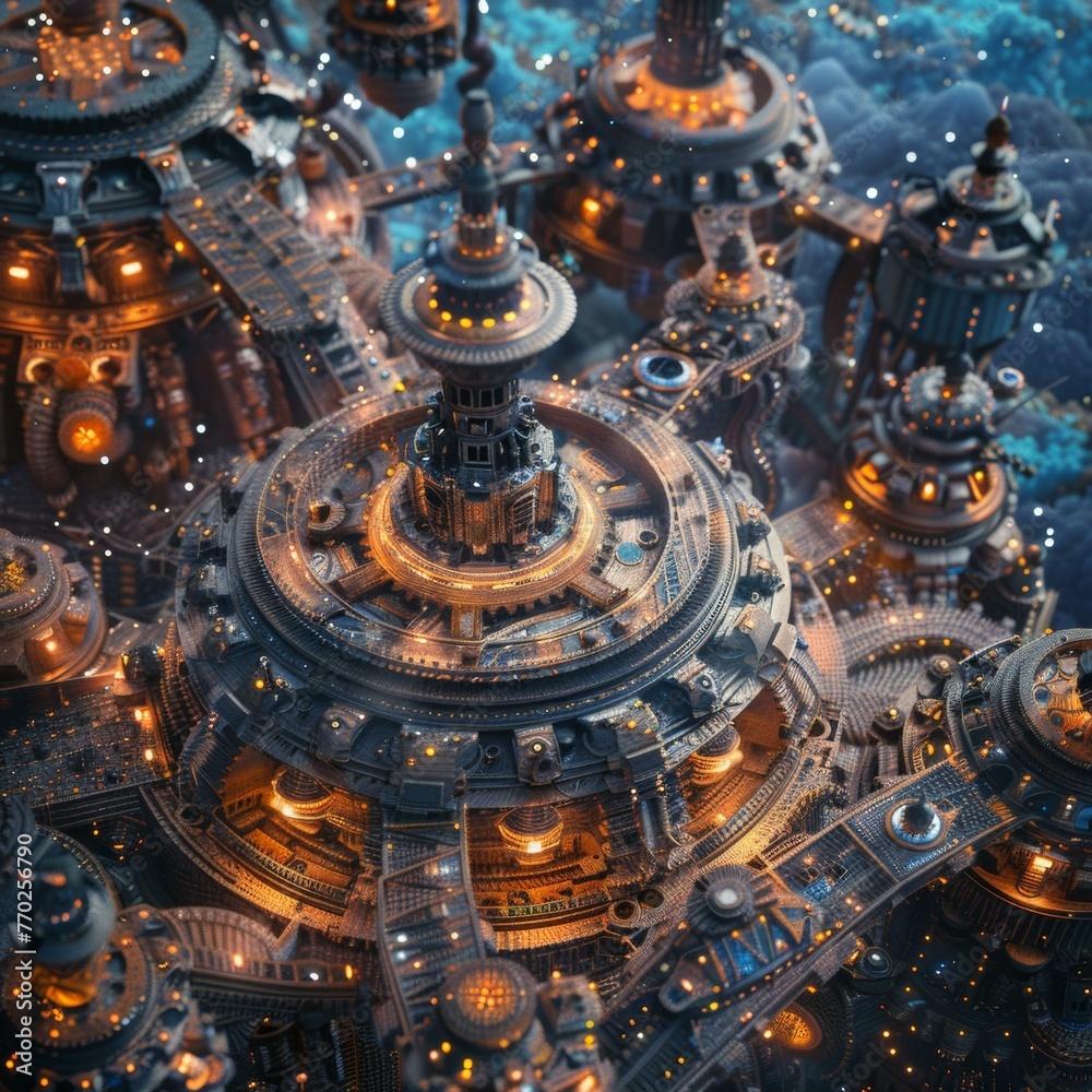 A close up of a futuristic city with lights on it. Generative AI.
