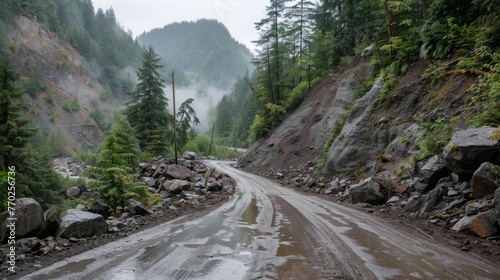 A long winding road leading through the mountains is blocked by a massive mudslide with boulders and trees strewn across it.
