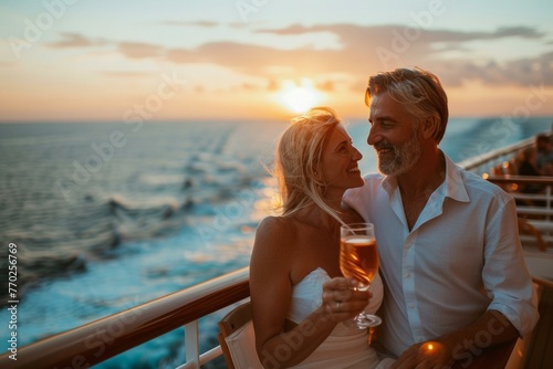 A man and woman are holding a glass of wine on the deck. Generative AI. © serg3d