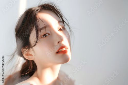 Portrait beautiful Asian girl nature light glowing perfect skin and sun lighting reflect