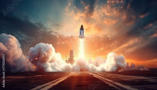 New space rocket lift off. Space shuttle with smoke and blast takes off into space on a background of blue planet earth with amazing sunset. Successful start of a space mission.