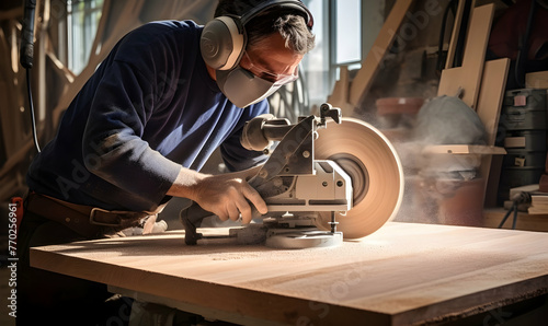 Carpenter using circular saw for cutting wooden