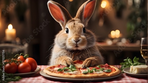 "An English Easter bunny indulges in a delicious slice of pizza, its fluffy fur contrasting with the savory toppings. The bunny sits at a cozy dining table, surrounded by the warm ambiance of a tradit