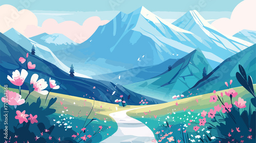 Mountain spring landscape blooming mountain path ve