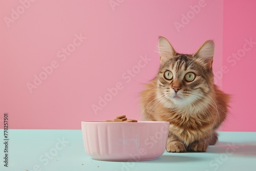 A cat gazing into the camera, positioned next to a bowl of cat food on a soft pastel background