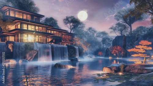Night Time Oasis: Moonlit Waterfall, Twin kling Stars, and Cozy Wooden House by the Clear Pond.Seamless looping 4k time-lapse virtual video animation background photo