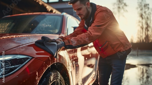 A man cleaning car with microfiber cloth, car detailing
