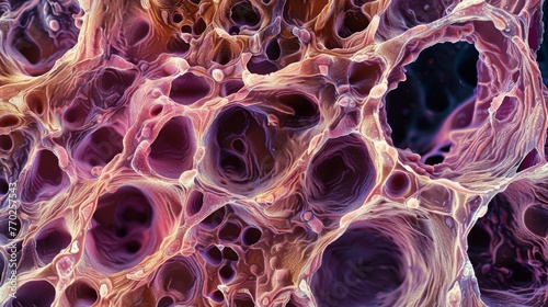 A microscopic view of cartilage tissue with small round cells tered throughout a matrix of fibers. The tissue has a rubbery texture