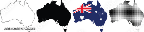 Map of Australia with different style outline, black, flag, dotted style