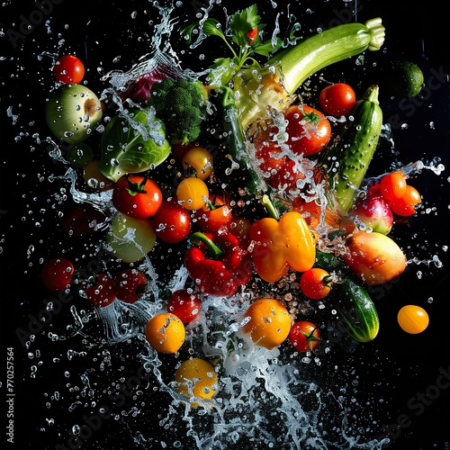 Fruit and vegetable explosion, splashing water, colorful vegetables