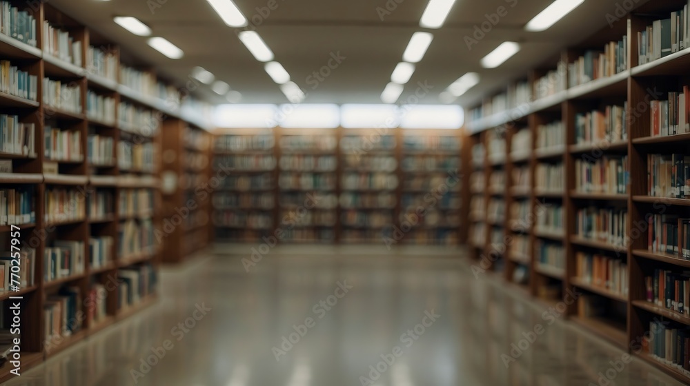 Blurred public library bookstore interior space, blurry storage room with bookshelves by defocused effect. Education training concept background