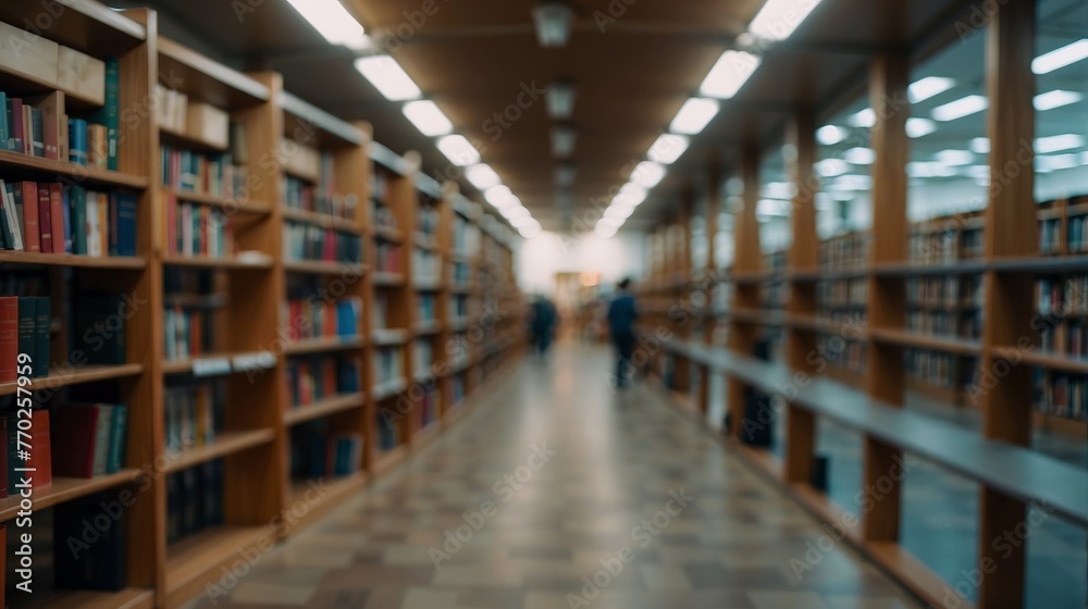 Blurred public library bookstore interior space, blurry storage room with bookshelves by defocused effect. Education training concept background