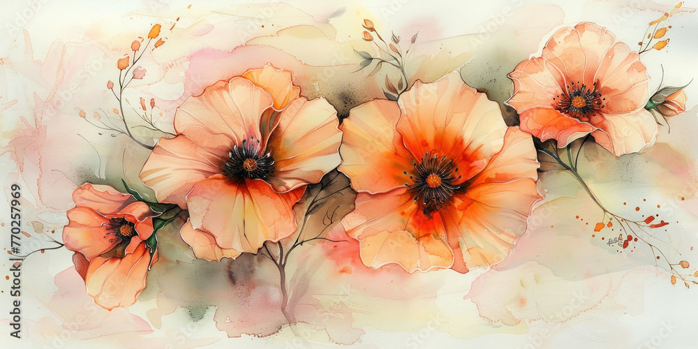 custom made wallpaper toronto digitalBright and vibrant watercolor painting of orange poppies on a white background, a perfect addition to any floral art collection