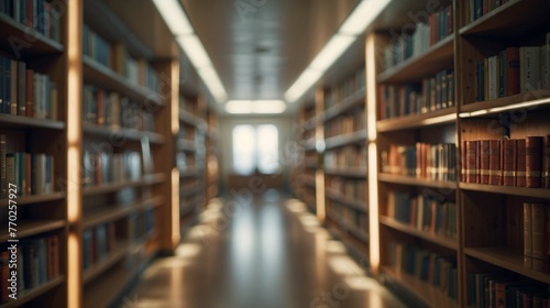 Blurred public library bookstore interior space, blurry storage room with bookshelves by defocused effect. Education training concept background