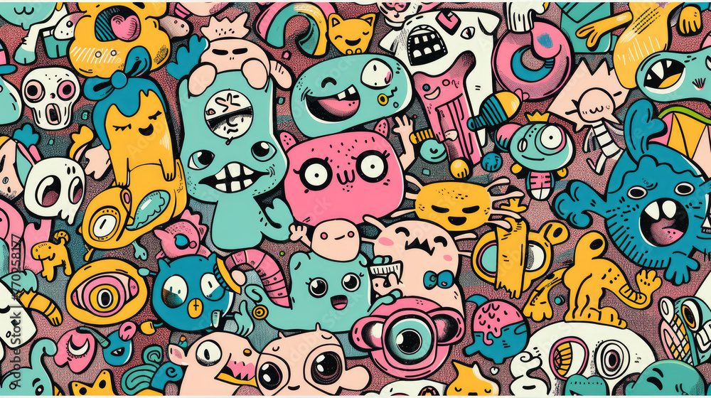 Naklejka premium Adorable Cartoon Characters Illustration Texture Pattern