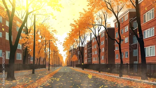 High-definition video showcasing the autumnal charm of a colorful urban neighborhood bathed in daylight. photo