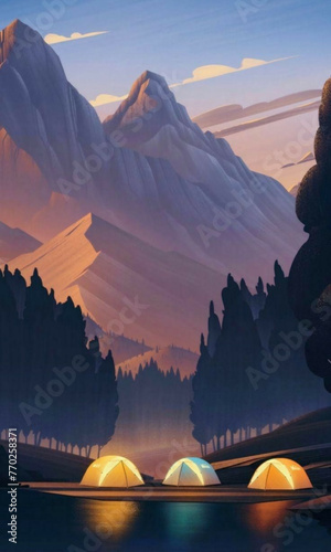 In the middle of the tent in the valley surrounded by tall forests  the sun is falling in the evening  there are 3 tents.vector illustration.