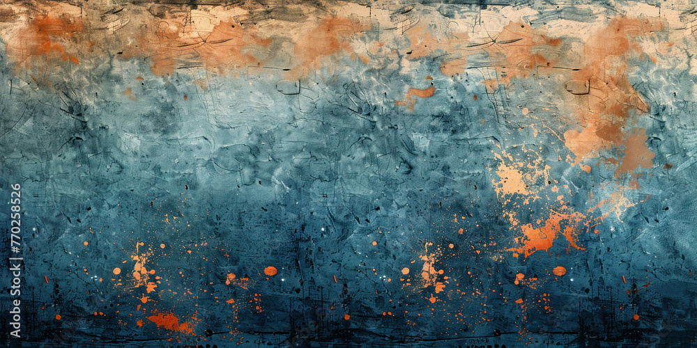 Colorful Abstract Grunge Background with Orange and Blue Paint Splatters on Wall Surface
