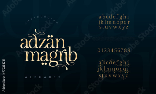 Adzan premium luxury arabic alphabet letters and numbers. Elegant islamic  typography ramadan wedding serif font decorative vintage. Creative vector illustration