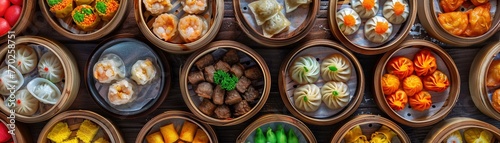 A colorful array of traditional Chinese dim sum dishes presented in a circular arrangement.