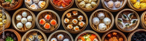 A colorful array of traditional Chinese dim sum dishes presented in a circular arrangement.