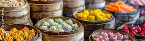 A delicious variety of traditional dim sum in bamboo steamers