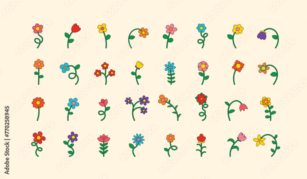 Collection of cute hand drawn fun flowers. Set of botanical floral elements in trendy groovy retro style. Vector natural illustration.