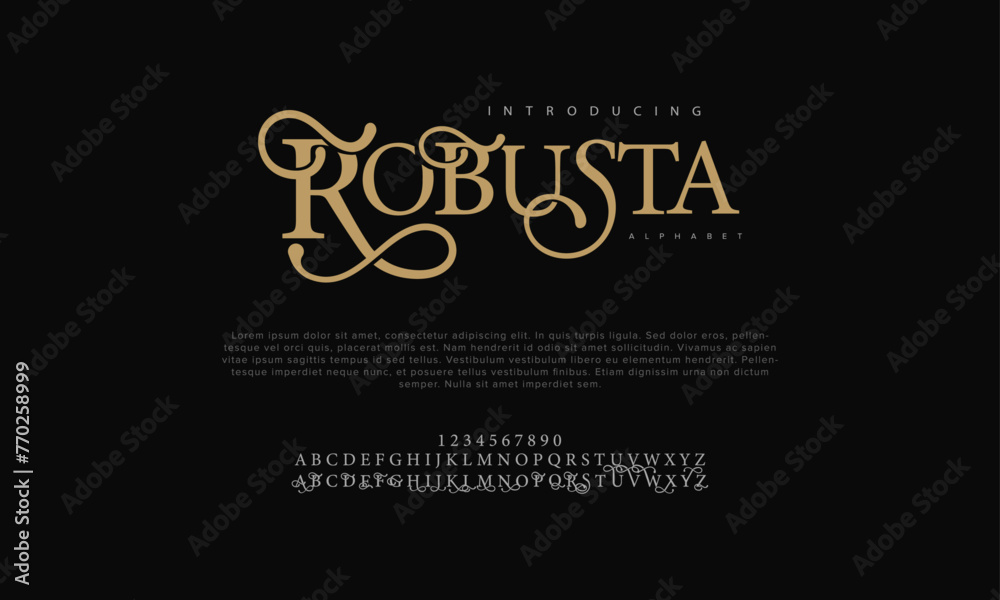 Robusta premium luxury elegant alphabet letters and numbers. Vintage wedding typography classic serif font decorative vintage retro. Creative vector illustration