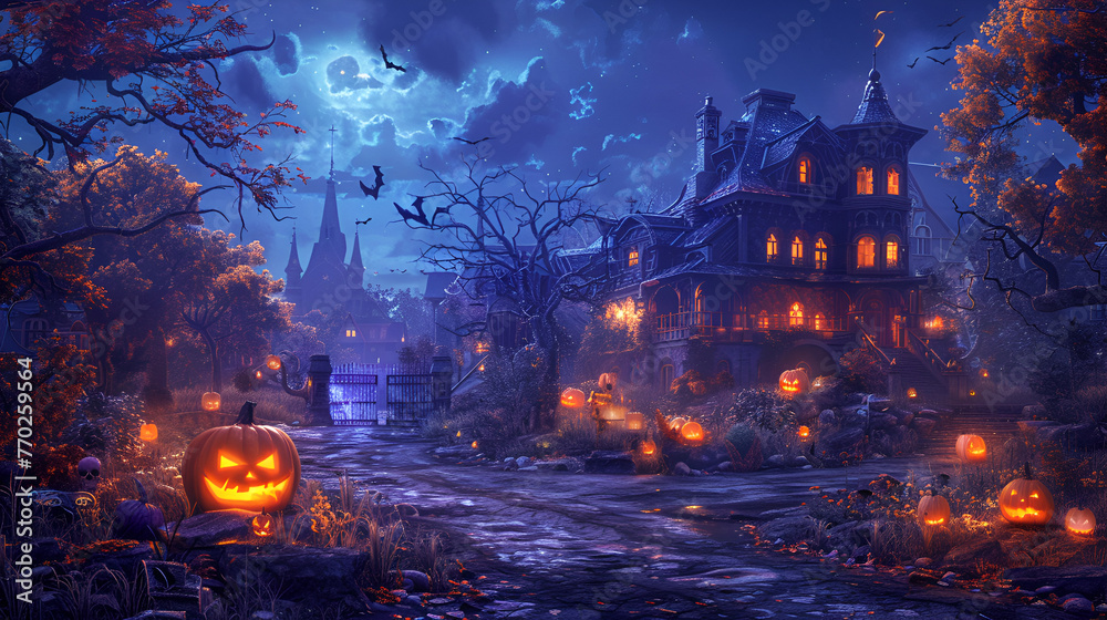 a backdrop for a children's Halloween party poster, Trick or treating is a traditional Halloween custom for children and adults. 3D render, Generative AI 