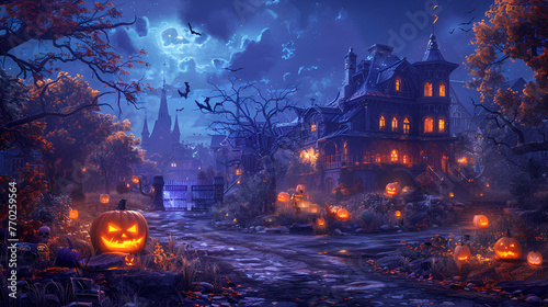 a backdrop for a children's Halloween party poster, Trick or treating is a traditional Halloween custom for children and adults. 3D render, Generative AI 