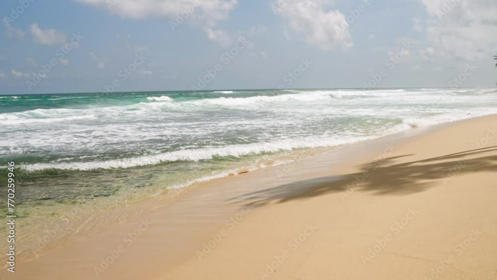 Tropical beach with white sand waves roll onto shore under blue sky. Palm shadows on shore, clear green sea water, untouched nature scene. Peaceful, no people, paradise for relax, sunbathe. Slowmo Tropical beach with white sand waves roll onto shore under blue sky. Palm shadows on shore, clear green sea water, untouched nature scene. Peaceful, no people, paradise for relax, sunbathe. Slowmo