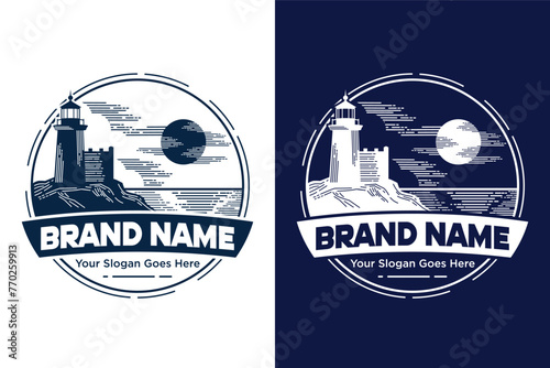 emblem lighthouse coast line art illustration vector logo design