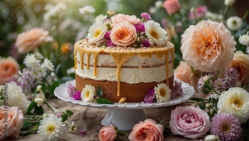 Beautiful homemade cake decorated with fresh flowers surrounded by spring summer flowers bouquets, against the backdrop of a spring garden. © Syrtseva Tatiana