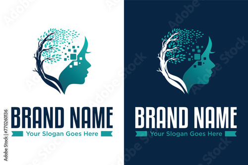simple modern brain tree technology illustration vector logo design