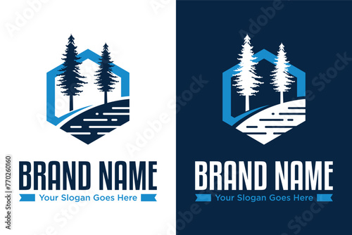 simple pine tree river hexagonal illustration vector logo design