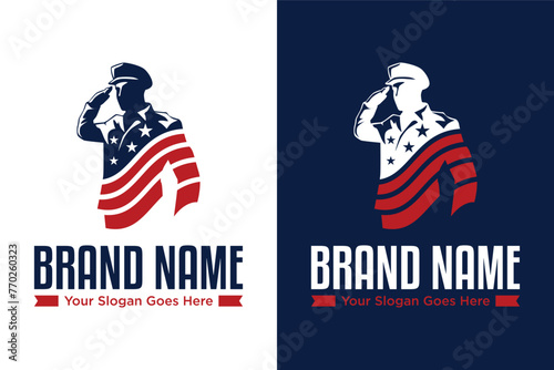 modern saluting army soldier with USA flag illustration vector logo design photo