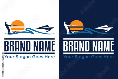 modern Wake Surf Board Boating sunset sunrise illustration vector logo design
