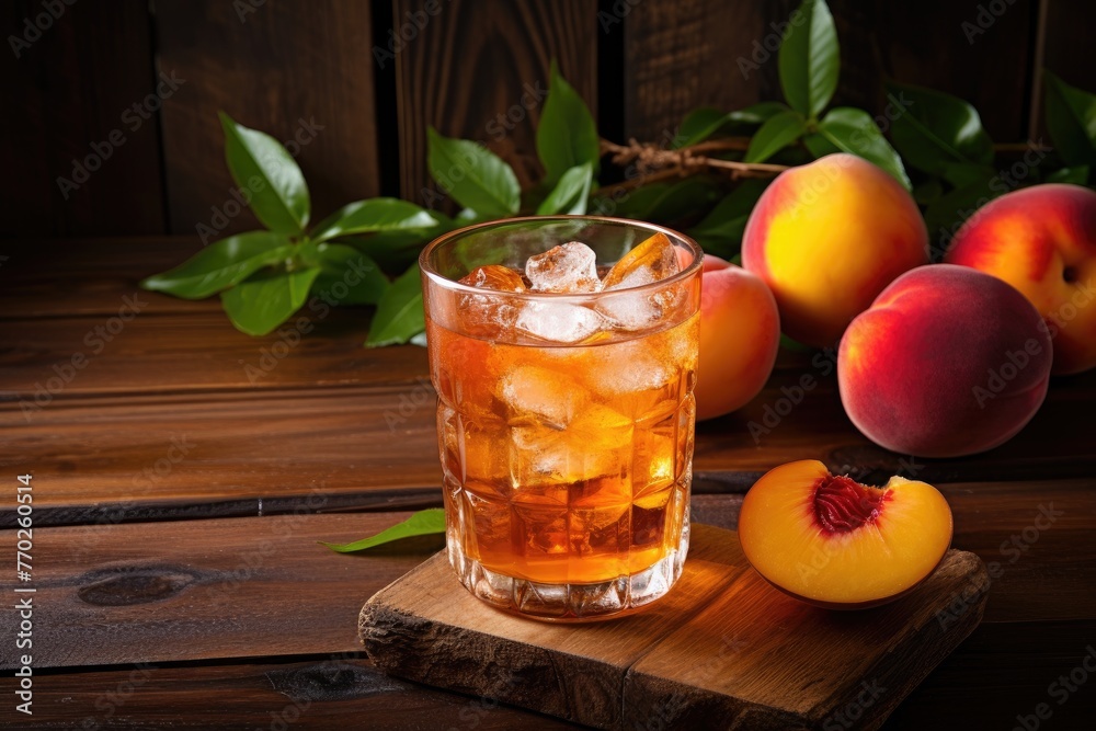 peach iced tea glass and fresh sweet peach on rustic wooden table for summer drinks --ar 3:2 Job ID: c5f93063-2fd2-47a6-ae23-049883aa268a peach iced tea glass and fresh sweet peach on rustic wooden table for summer drinks --ar 3:2 Job ID: c5f93063-2fd2-47a6-ae23-049883aa268a