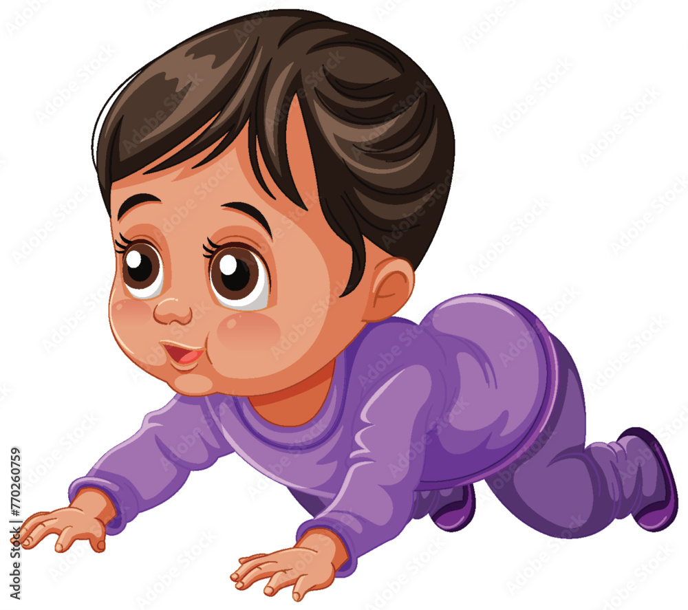 Cute illustrated baby crawling in purple outfit Cute illustrated baby crawling in purple outfit