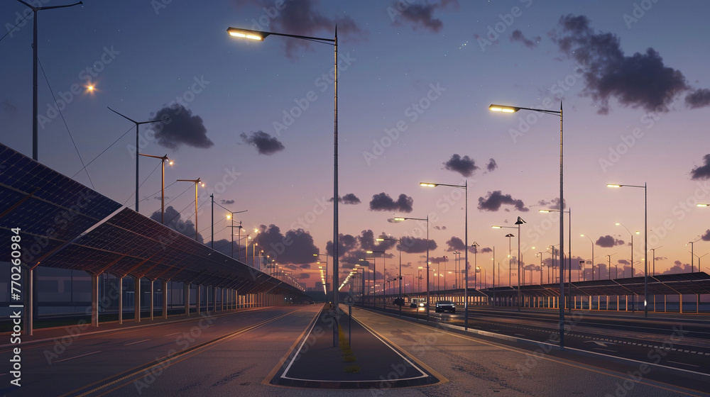 Solar-Powered Streetlights Illuminating Evening Streets