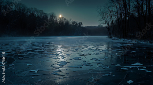 A frozen lake lies under the cover of darkness its surface cracked and shimmering in the moonlight. The surrounding trees cast long . . photo