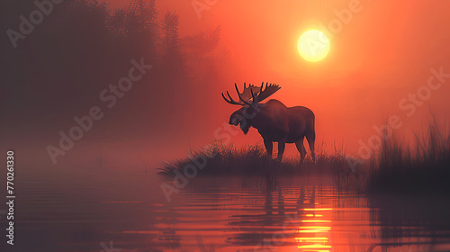 Moose  Canadian Animal  silhouette of Moose In The Fog at sunset  wildlife  world animals Day  Generative Ai