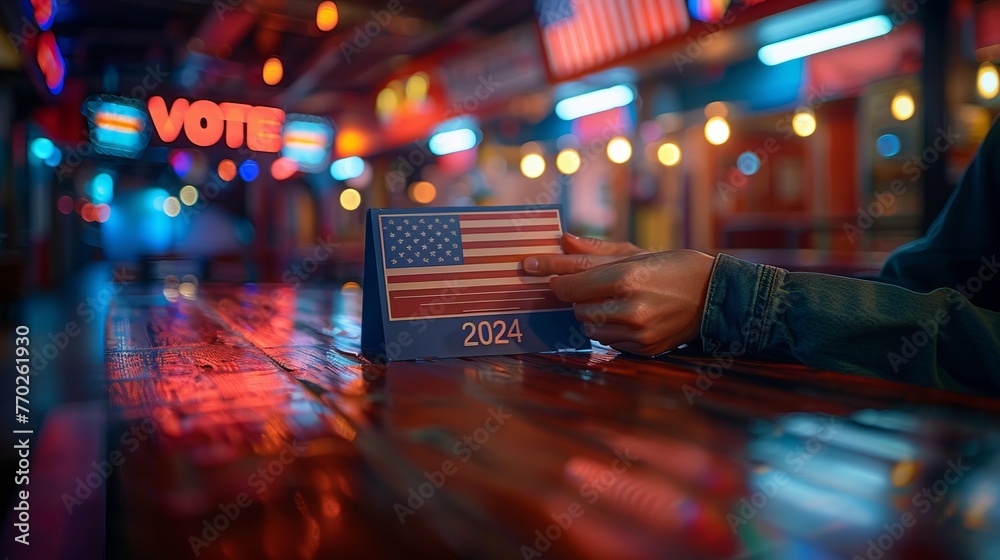 Person holding American flag, enjoying night at bar with drink in hand - obrazy, fototapety, plakaty 