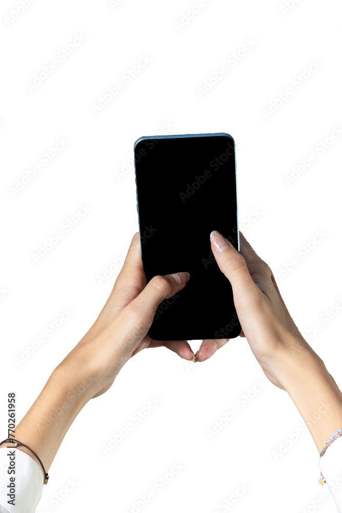 Female Hands Holding Smartphones with Blank Screens Typing Text Messages close up Female Hands Holding Smartphones with Blank Screens Typing Text Messages close up