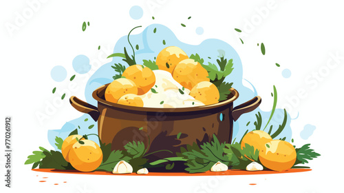 Peeled Potatoes Boiling in Cooking Pot Vector Illus photo
